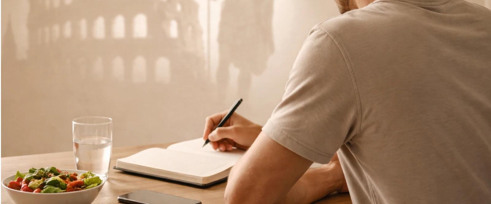 Man writing in a notebook at a wooden desk with a salad, water glass, phone, and earbuds nearby, with shadow projections of the Roman Colosseum and a Roman soldier on the wall behind him