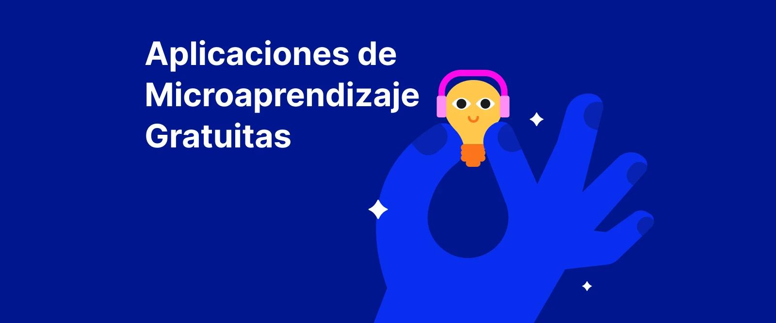 Mano azul sosteniendo una bombilla amarilla sonriendo sobre un fondo azul oscuro, promocionando aplicaciones gratuitas de microaprendizaje Headway