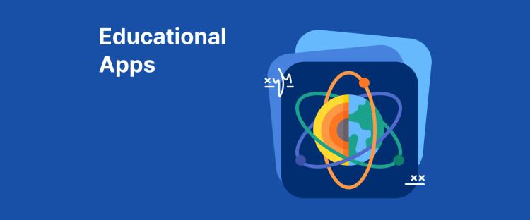 planet Earth with atomic orbits and math formulas on a blue background, representing educational apps
