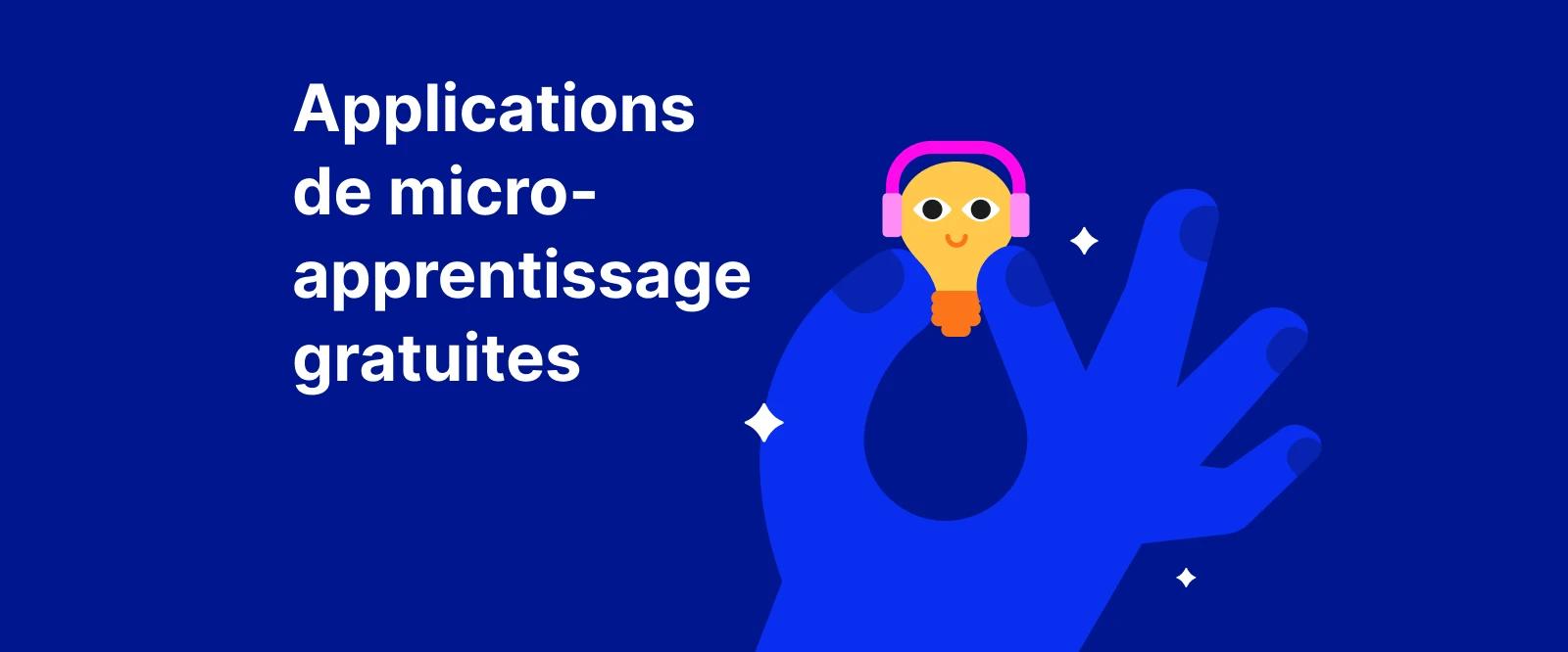 Une main bleue tenant une ampoule jaune souriante sur fond bleu foncé fait la promotion des applications de microapprentissage gratuites Headway