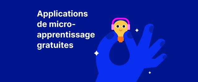 Une main bleue tenant une ampoule jaune souriante sur fond bleu foncé fait la promotion des applications de microapprentissage gratuites Headway