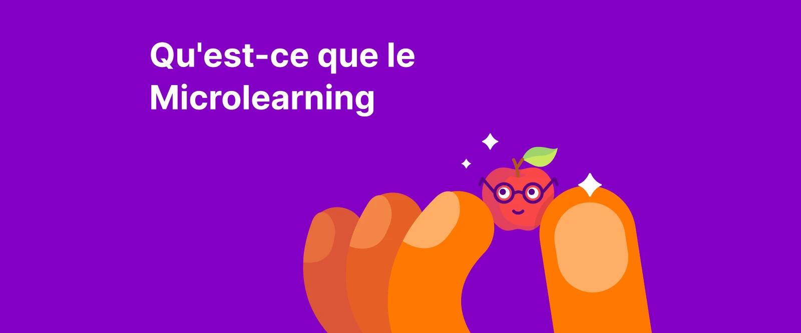 Des doigts tenant une minuscule pomme rouge scintillante sur un fond violet, symbolisant ce qu'est le microapprentissage par petites doses
