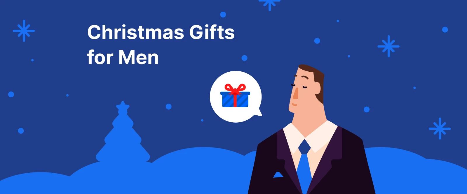 Man in navy suit smiling, Christmas gifts for men concept against blue winter scene with snow and pine trees