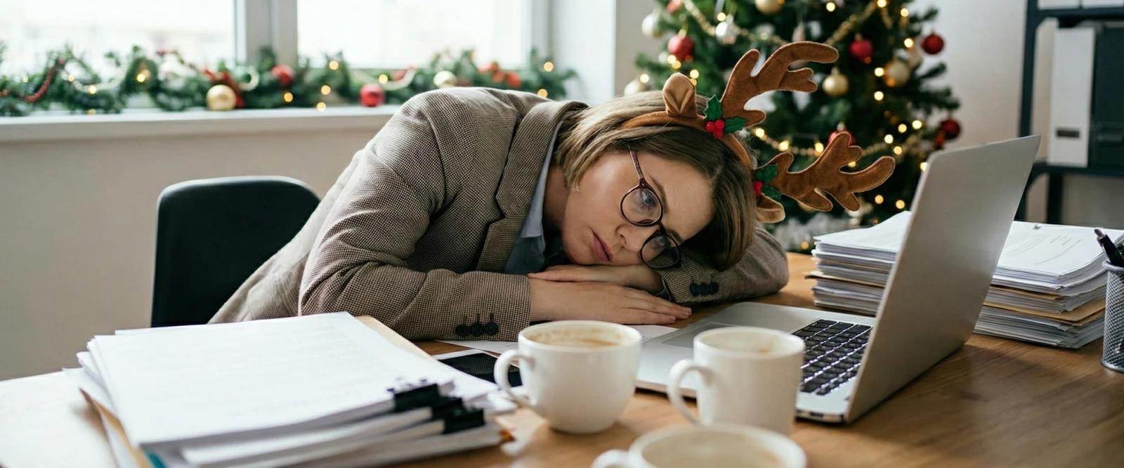 A woman in deer antler hoop lays with her head on the laptop and feeling 2025 Burnout