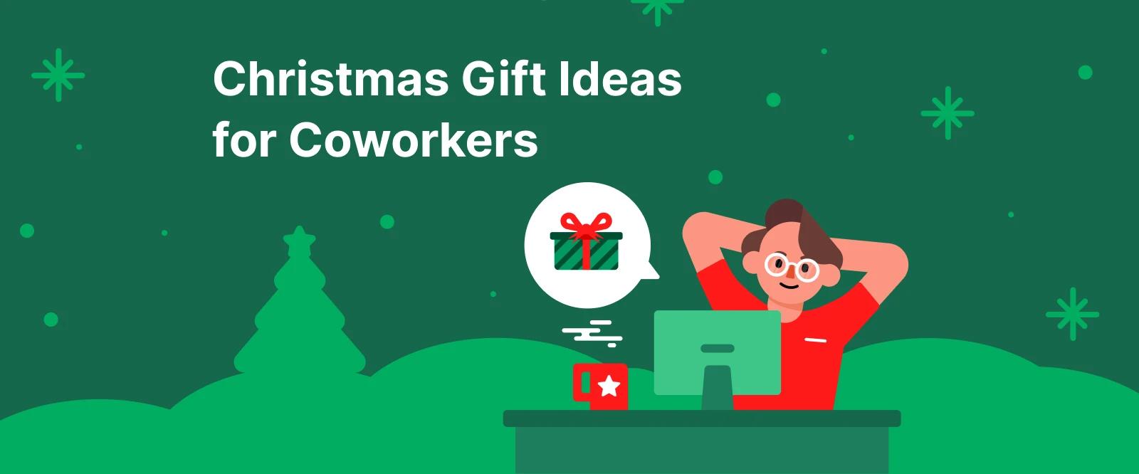 Tired person in red and green at desk with laptop, Christmas gift ideas for coworkers against green background with snowflakes