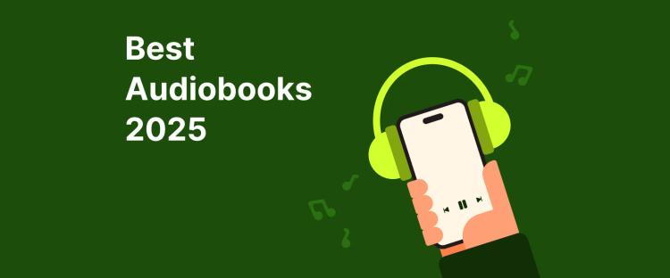 Hand holding smartphone with lime green headphones for best audiobooks on dark green background with music notes