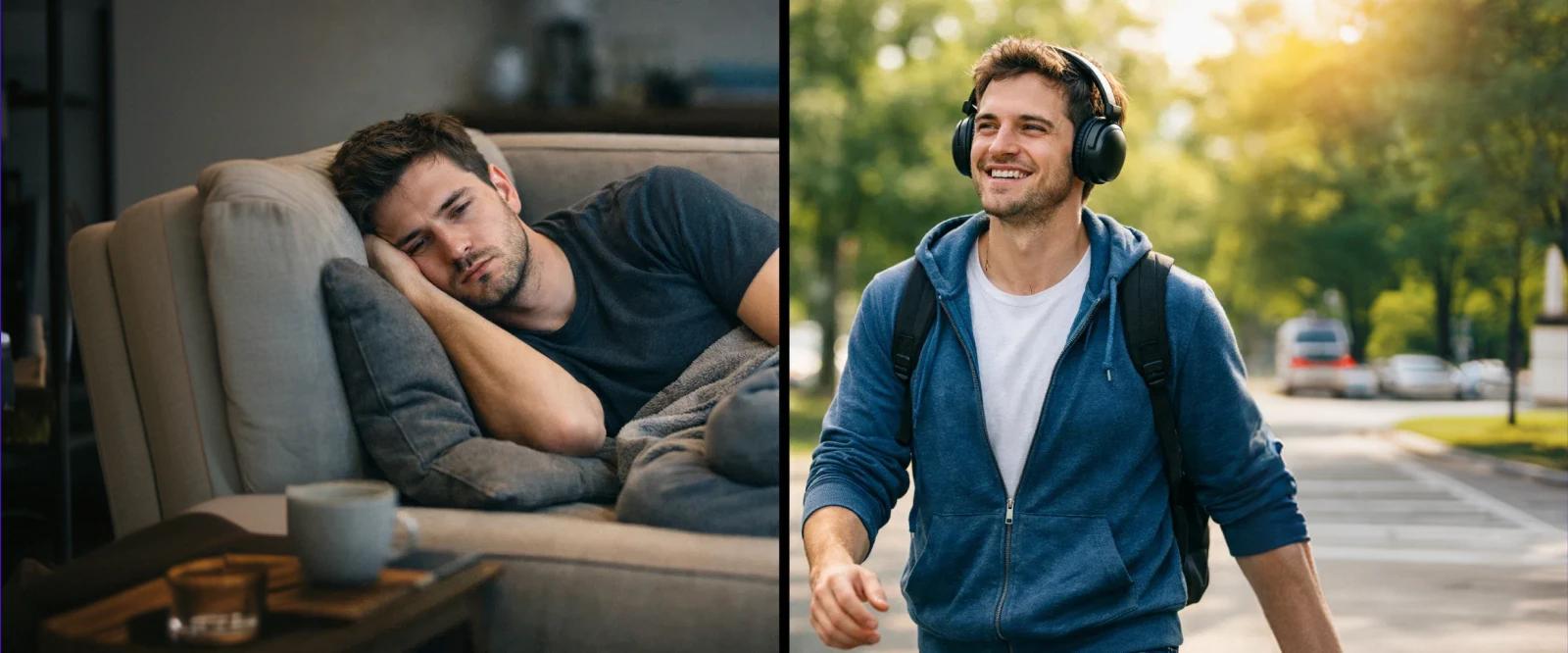 Before and after comparison showing man transforming from bored on couch to happy outdoors with headphones after reading books about habits