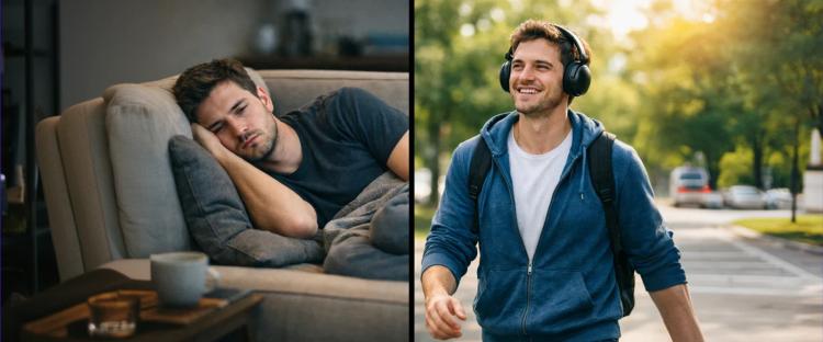 Before and after comparison showing man transforming from bored on couch to happy outdoors with headphones after reading books about habits