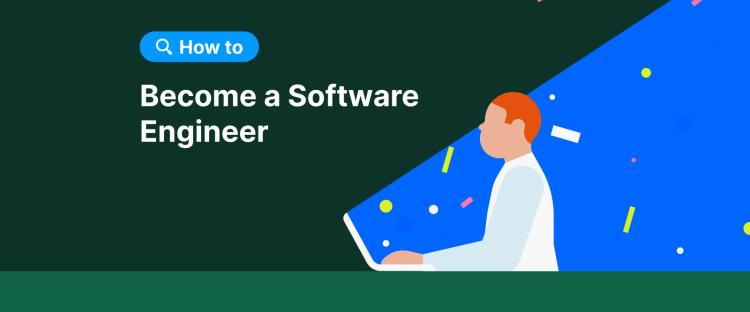 Person with orange hair working on laptop against blue and teal split background for software engineer career guide