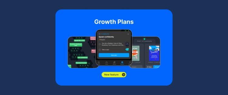 Headway app Growth Plans interface on bright blue background displaying multiple smartphone screens and yellow new feature badge