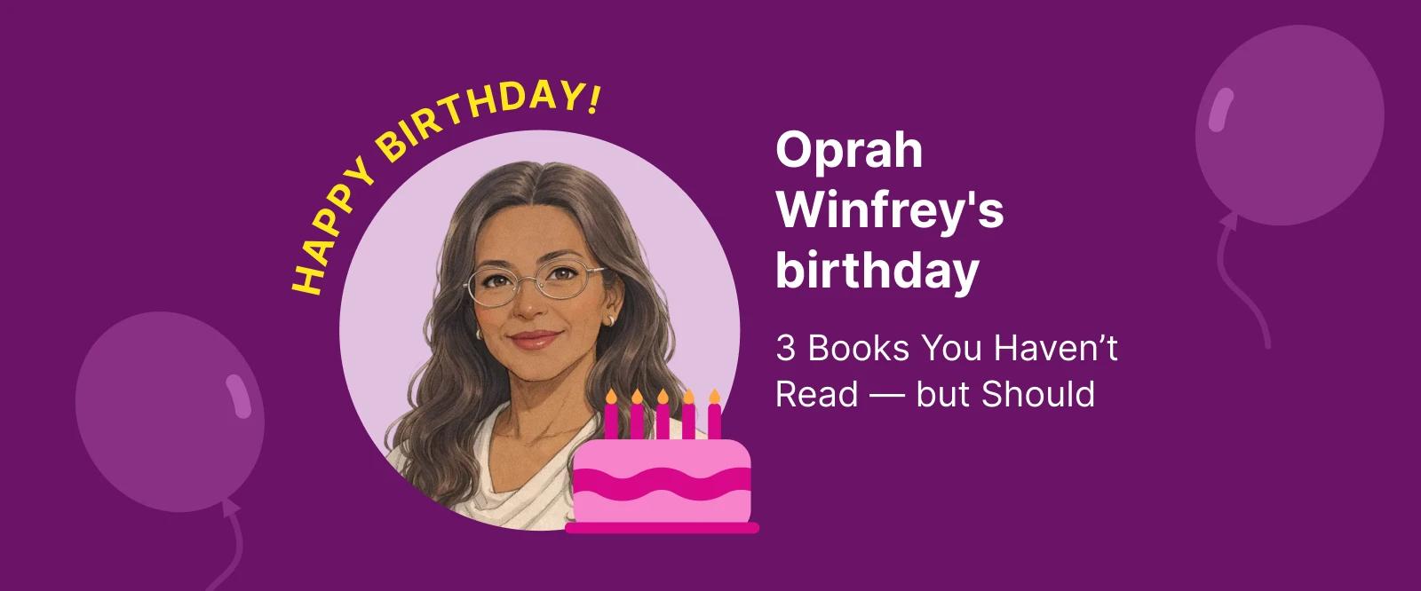 Illustrated portrait of Oprah Winfrey with glasses and wavy brown hair, pink birthday cake with candles, celebrating Oprah Winfrey's birthday on purple background with balloons