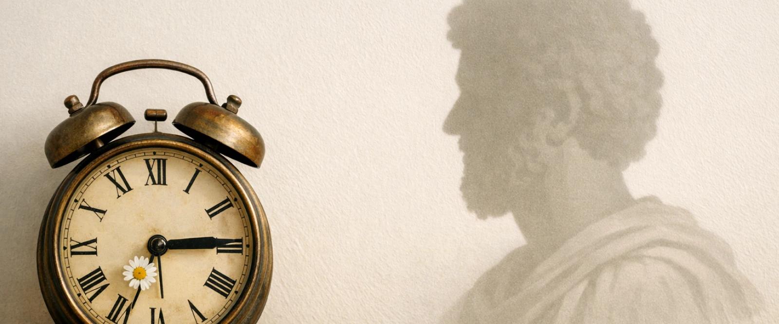 Vintage brass alarm clock with Roman numerals and a small daisy on a wooden shelf, with white spring flowers nearby and a faded shadow of a Marcus Aurelius bust on the wall behind