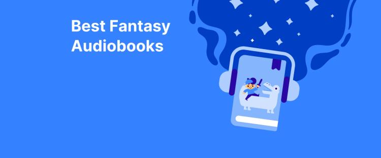 Smartphone with headphones and reader illustration on bright blue background promoting best fantasy audiobooks