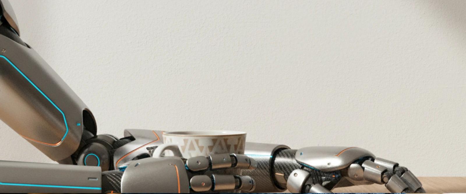 Close-up of a metallic robotic arm with cyan and orange accents resting on a wooden surface next to a coffee cup, symbolizing AI technology and cyber security threats