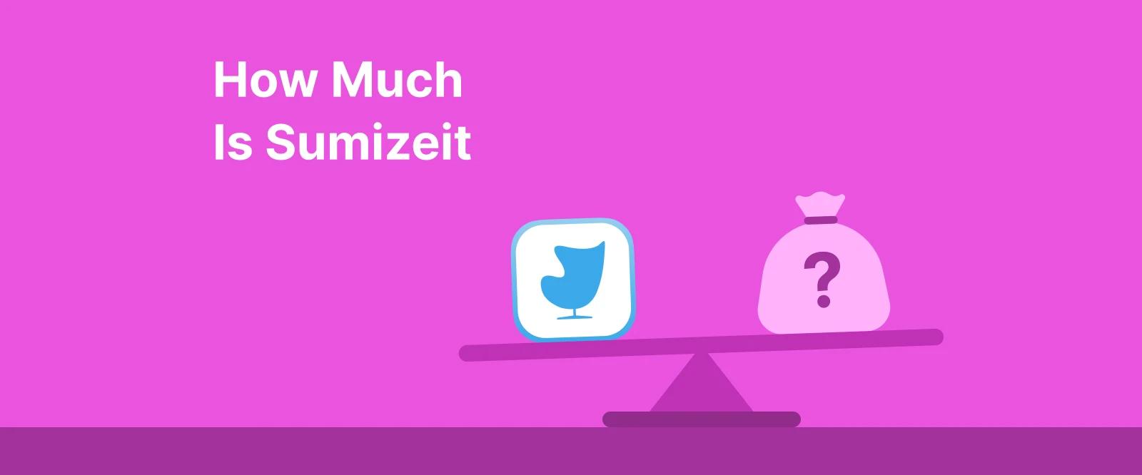 Pink background with a balance scale illustration showing the Sumizeit bird logo on one side and a question mark money bag on the other, representing Sumizeit microlearning app pricing