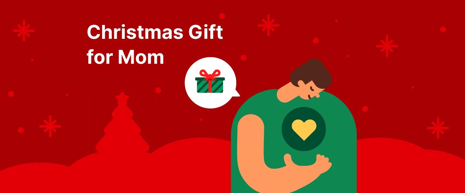 Woman in green sweater with heart design hugging herself, Christmas gift for mom against red background with snowflakes