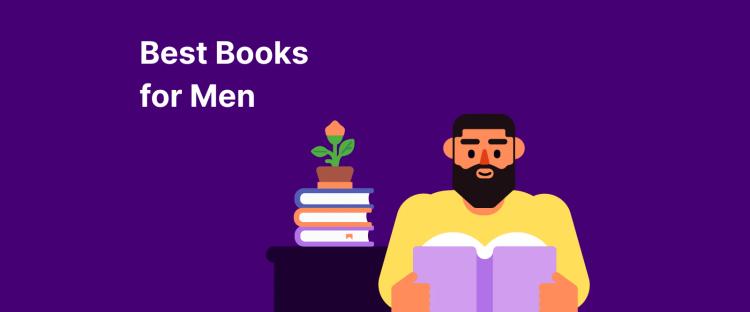 Purple banner with an illustrated bearded man reading a book alongside a woman's profile photo in a blue circle, promoting best books for men