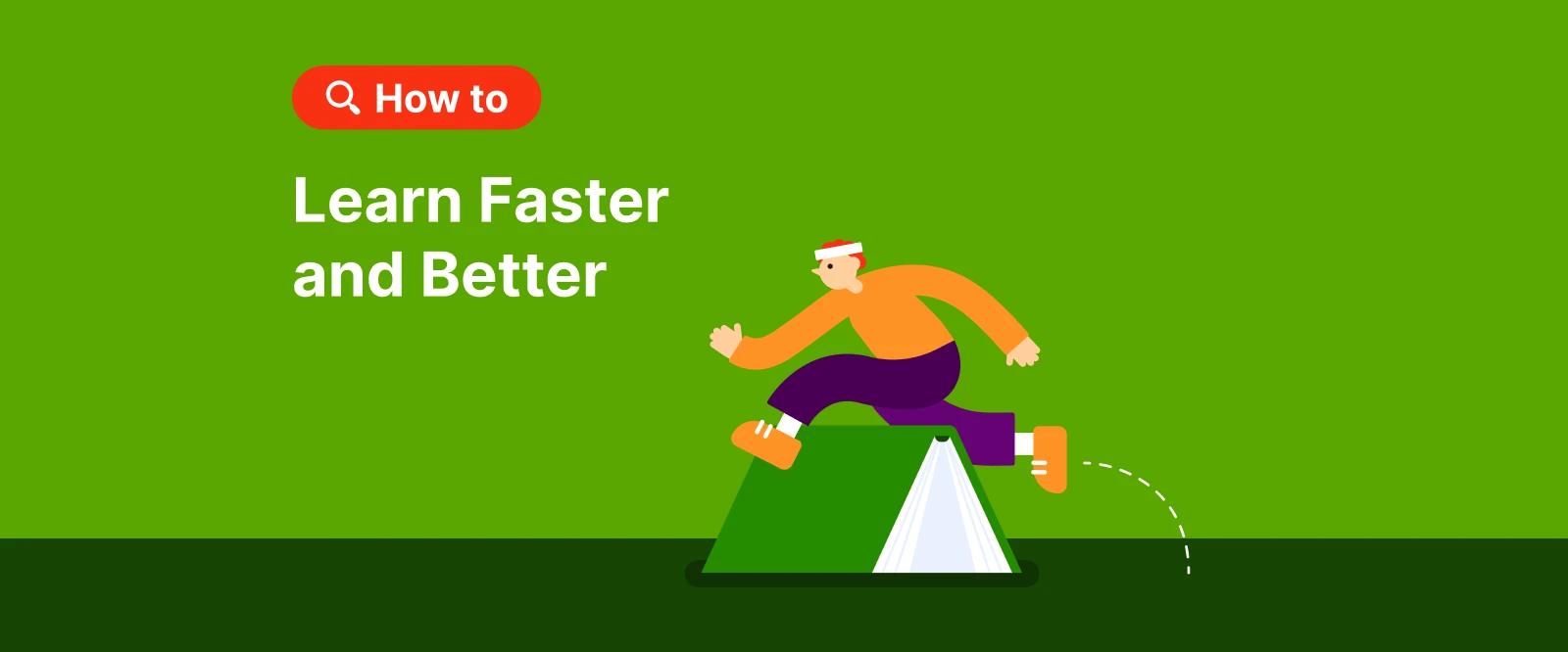 _Illustrated character running upward on triangular mountain against bright green background showing effective learning and progress concept