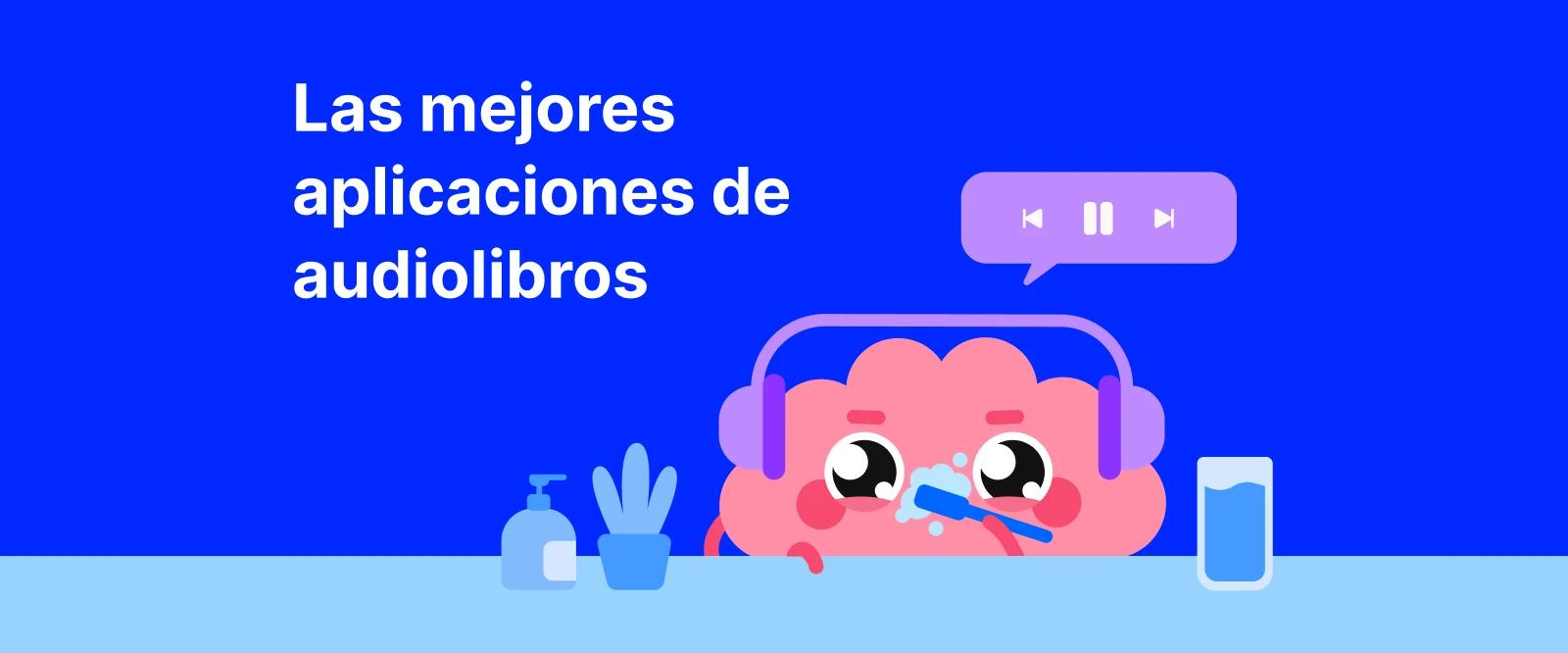 Banner las mejores aplicaciones de audiolibros con personaje animado rosa sobre fondo azul brillante
