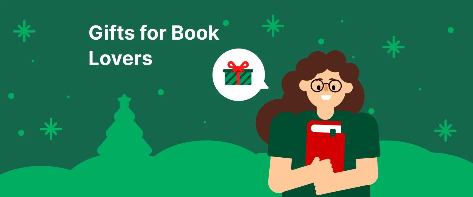 Cartoonish woman in glasses with a book in hands illustrating gifts for book lovers