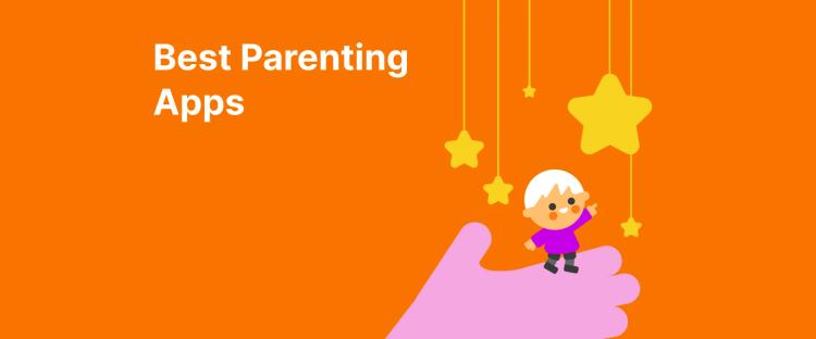 A playful illustration of a palm with a child pointing at a yellow star, symbolizing parenting apps, set against an orange background