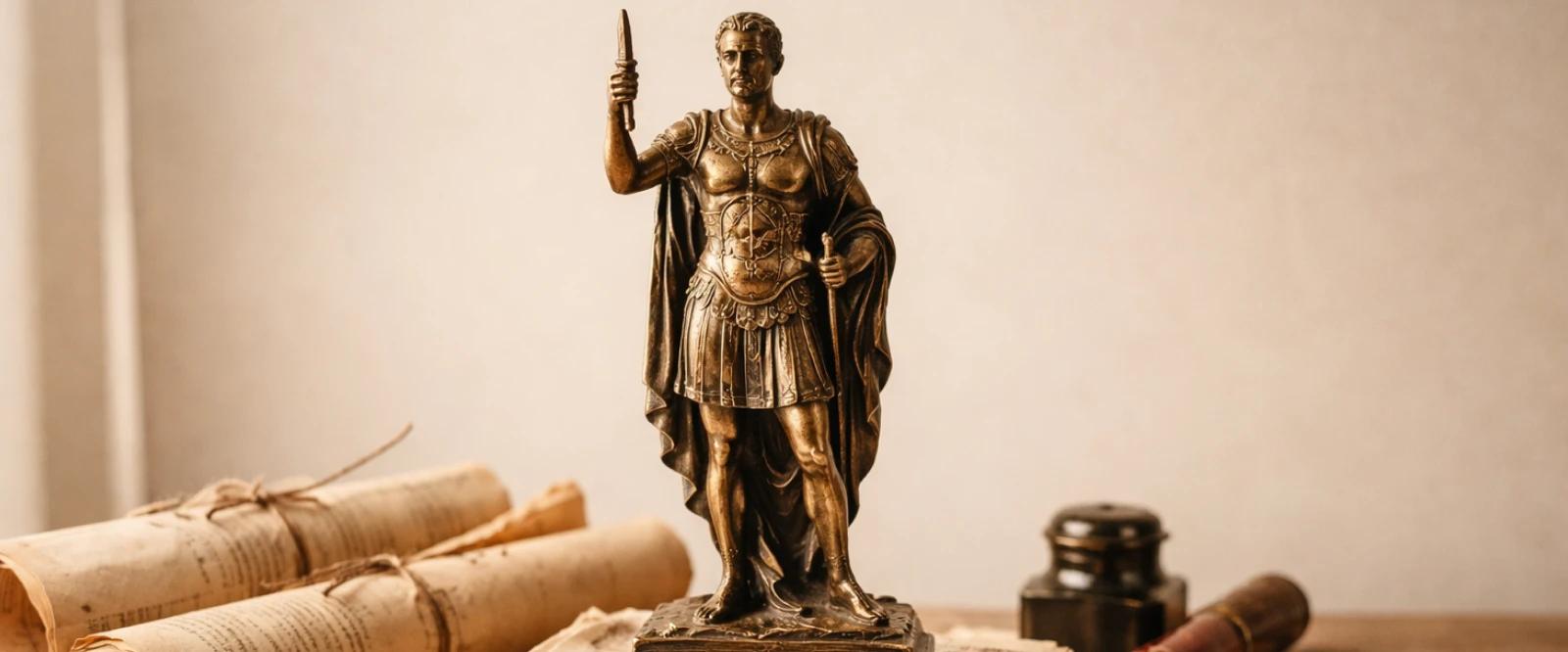 Bronze Roman emperor figurine in armor holding a spear, standing on aged manuscripts atop a wooden desk surrounded by rolled parchment scrolls, an ink bottle, quill, and handwritten documents