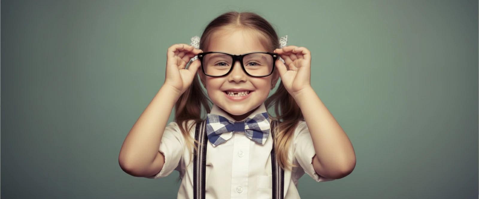 A smiling young girl adjusting oversized black glasses, wearing a bow tie and suspenders, against a teal background, symbolizing intelligence and the limits of IQ measurement