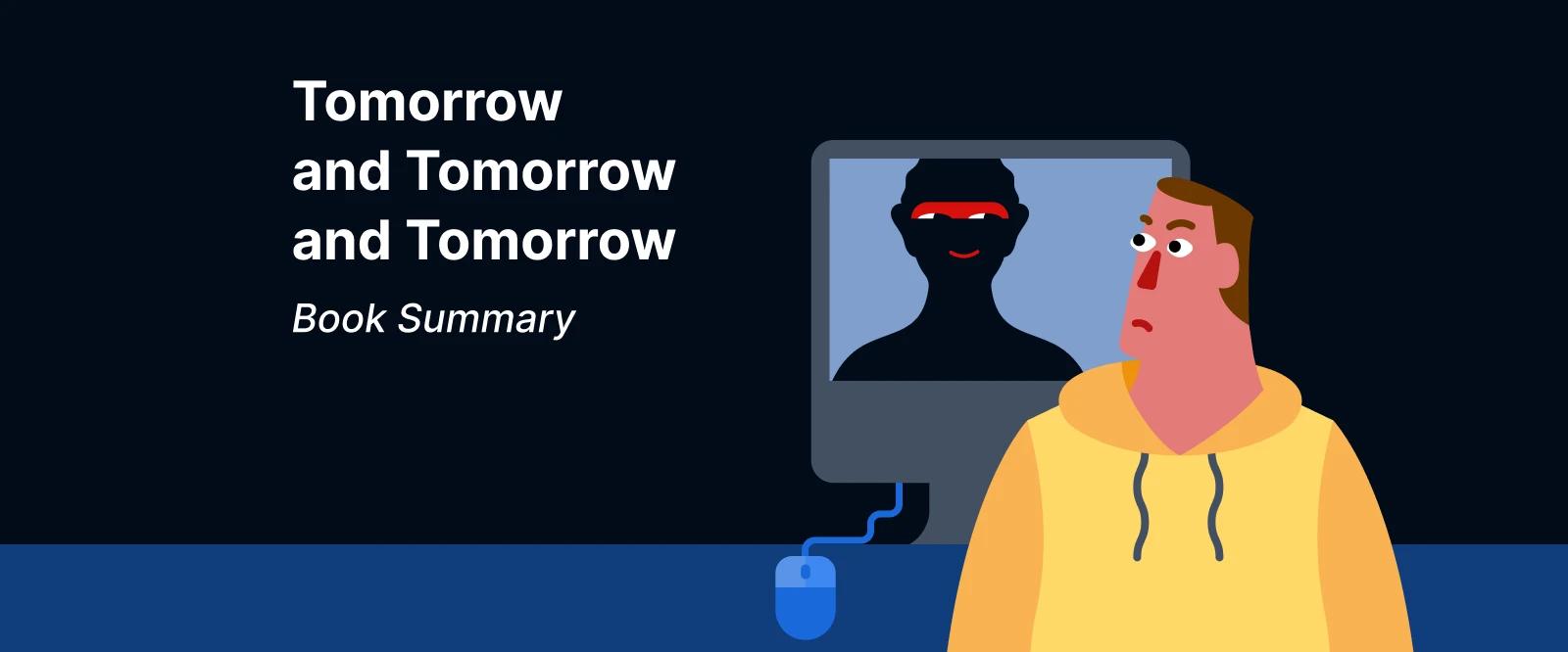 Character in yellow hoodie viewing shadowy figure on monitor, Tomorrow and Tomorrow and Tomorrow book summary scene with dark blue background