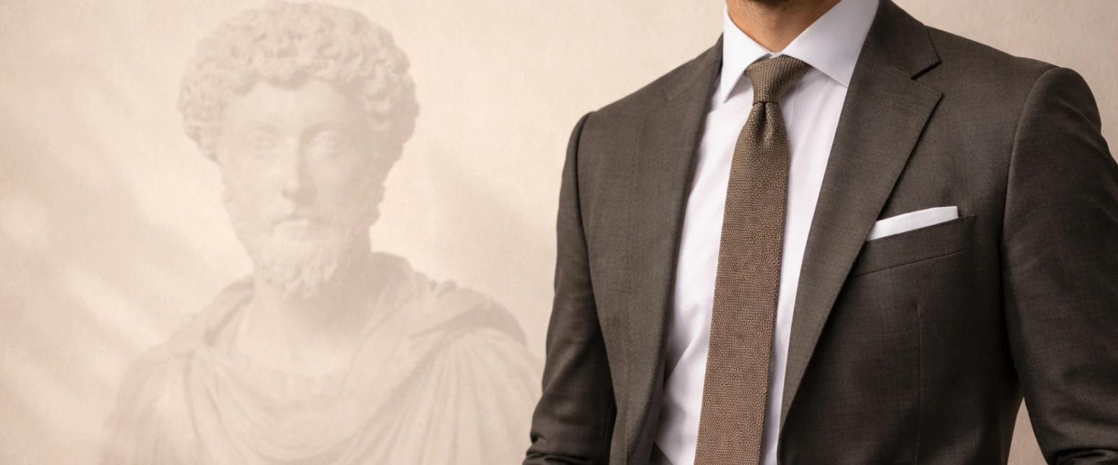 Well-dressed man in a dark suit, white shirt, and brown tie with a watch, standing confidently in front of a faded Marcus Aurelius marble bust on a beige wall