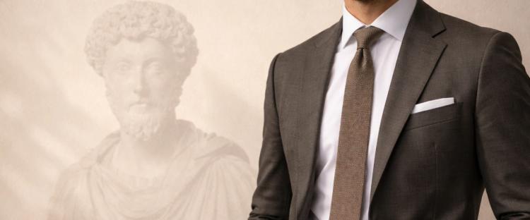 Well-dressed man in a dark suit, white shirt, and brown tie with a watch, standing confidently in front of a faded Marcus Aurelius marble bust on a beige wall