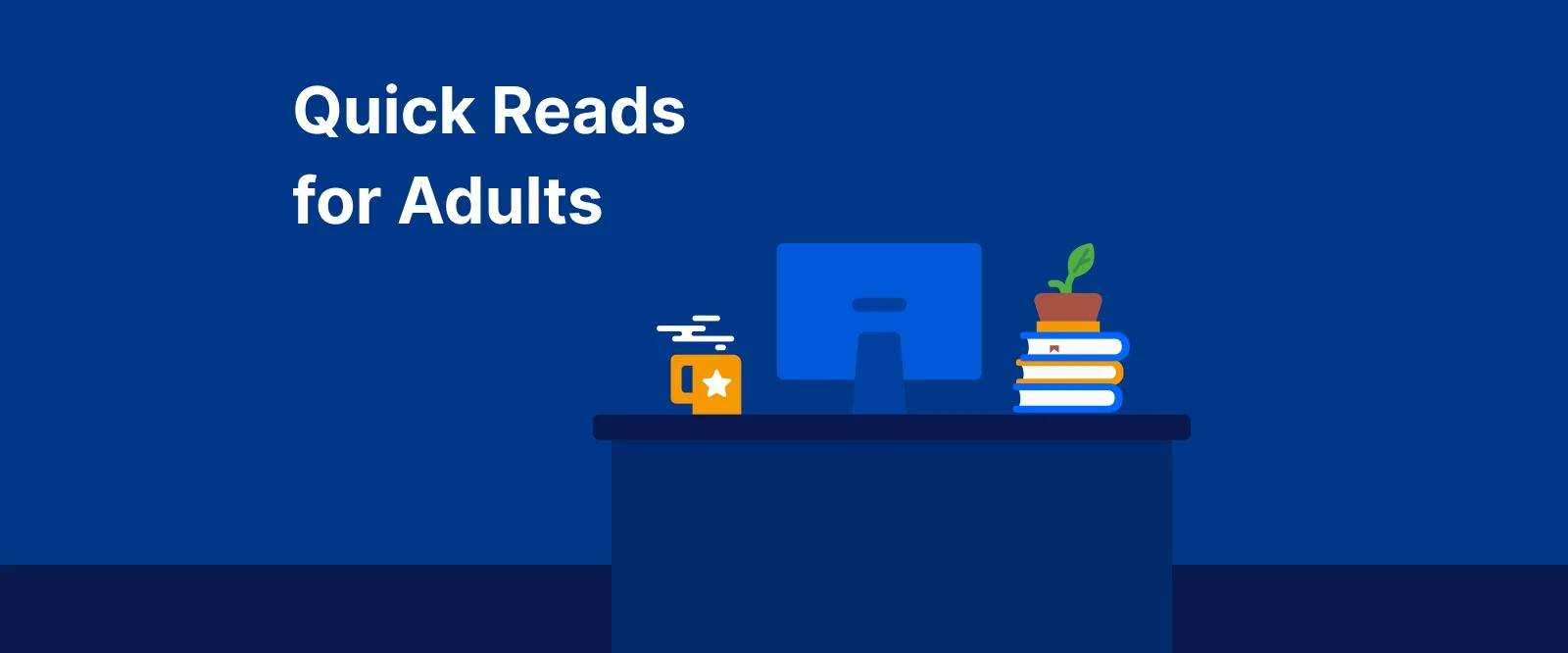_Illustrated blue desk scene with monitor, stacked books, and a plant promoting short books for adults on a dark blue background