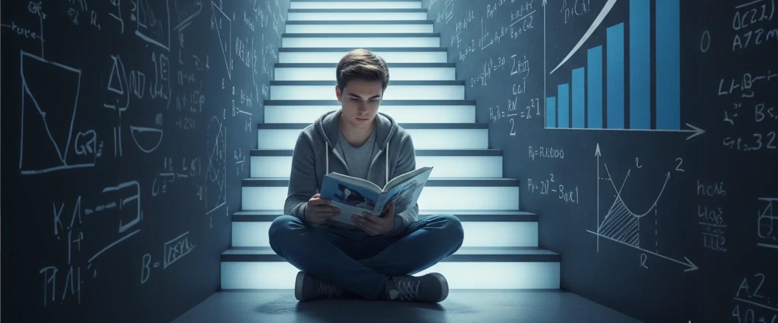 Young man reading a book at the base of glowing stairs, surrounded by math formulas and a growth chart on dark walls, with a glowing light bulb above