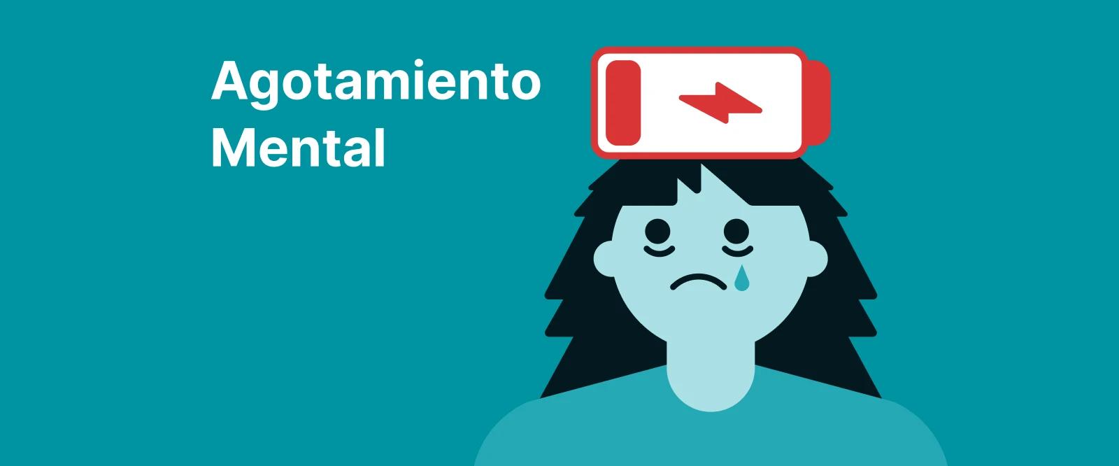 Mujer ilustrada con indicador de batería baja sobre fondo turquesa representando agotamiento mental