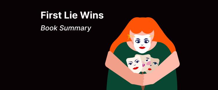First Lie Wins - Woman hugging two identical masks of her own face against a dark background