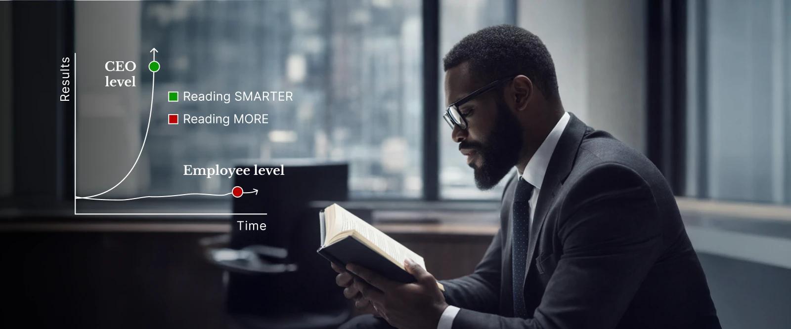 Professional man in dark suit reading book in modern office, growth chart overlay shows CEO career advice on smart reading strategies