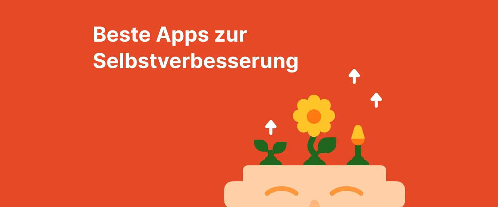 Illustration eines Gehirns, auf dem Pflanzen und Blumen wachsen, die die besten Selbsthilfe-Apps hervorheben
