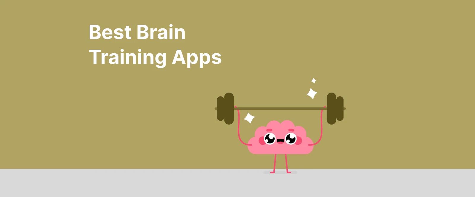 Cartoon pink brain character lifting barbell on gold background for best brain training apps article