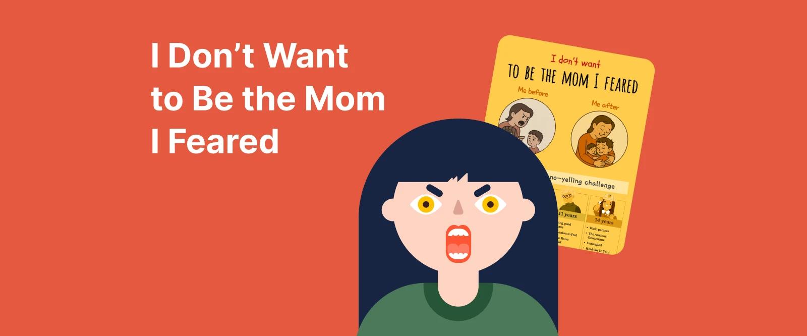 Anxious woman with dark hair on orange background holding To Be The Mom I Feared book, expressing fear of becoming my mom