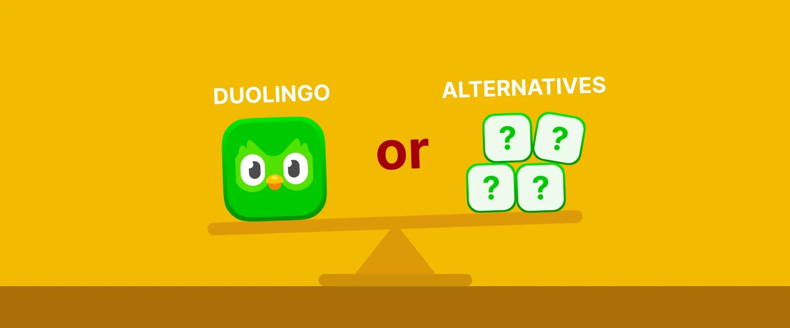 Duolingo green owl mascot versus language learning alternatives question marks on bright yellow background 1x
