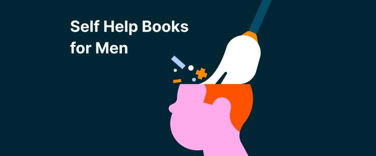Stylized male head with an opening top and tools entering on a dark blue background, symbolizing mental help and self-help books for men