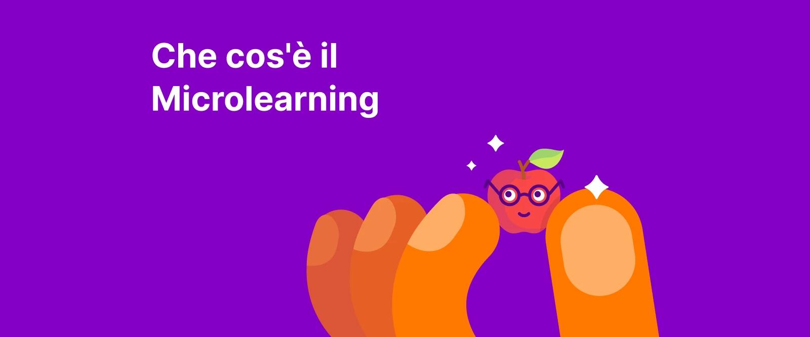 Dita che tengono una piccola mela rossa con brillantini su uno sfondo viola, a simboleggiare cosa sia il microapprendimento in piccoli morsi