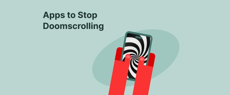 Red hands holding phone with hypnotic spiral pattern against mint background, illustrating social media doomscrolling