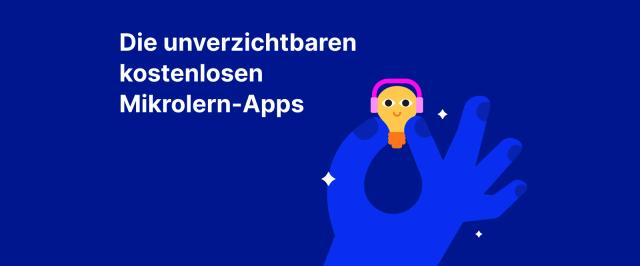 Blaue Hand hält gelbe Glühbirne, lächelnde Figur vor dunkelblauem Hintergrund wirbt für die kostenlose Microlearning-App Headway