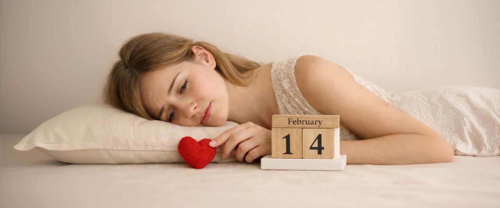 A woman lying alone on a bed holding a small red heart next to a February 14 calendar, reflecting a solo Valentine’s Day mood