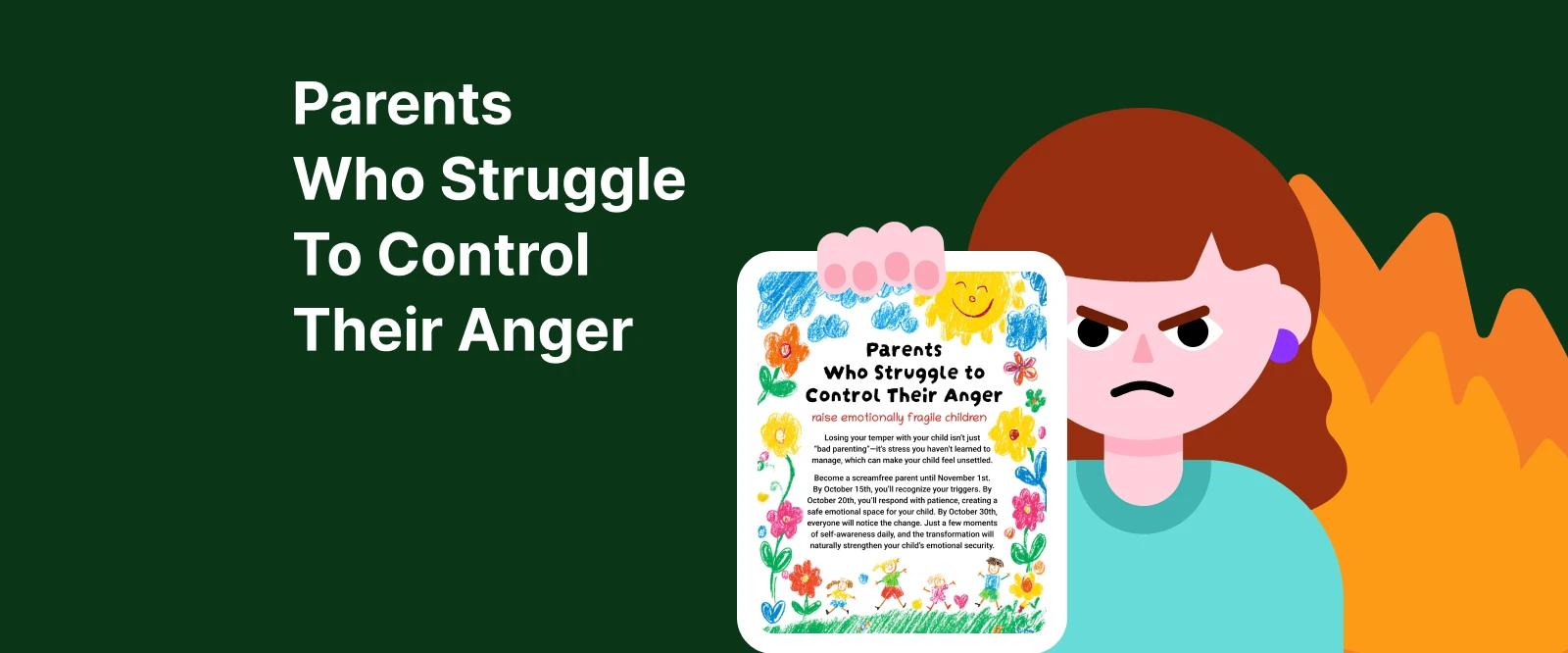 Angry cartoon woman with book cover about parental anger management on dark green and orange background