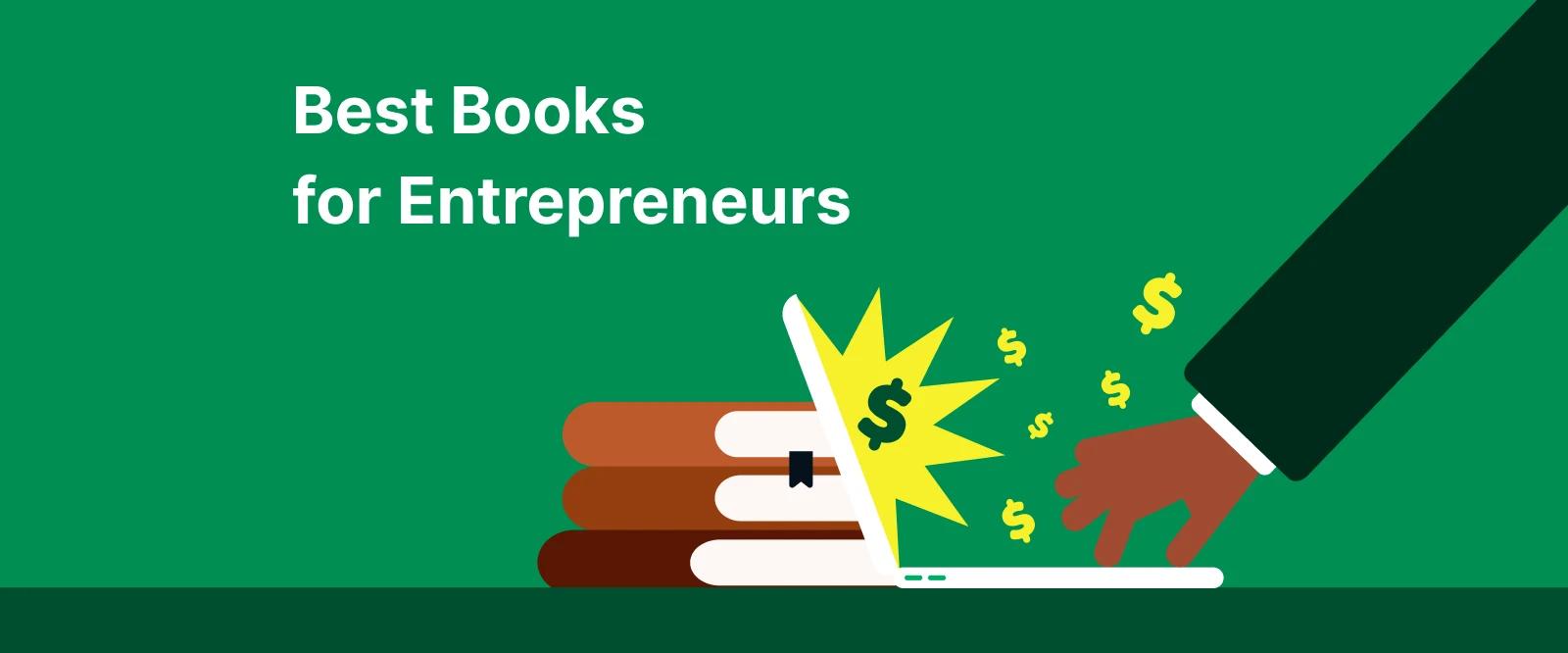 Laptop beside stacked books with flying dollar symbols on a green background, illustrating must-read for Entrepreneurs and book recommendations for a growth path for CEO