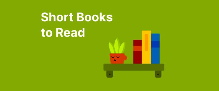 Short books to read title with illustrated bookshelf featuring colorful books and red coffee cup on green background