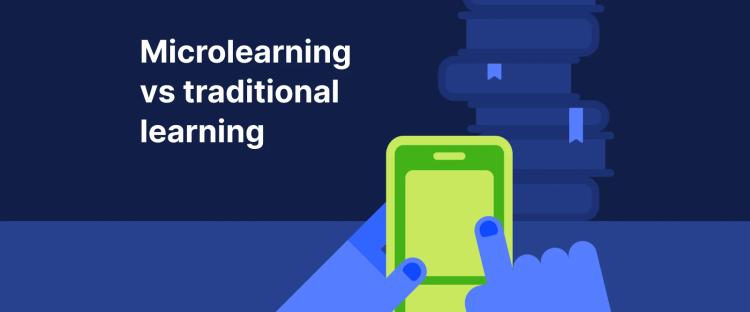 Microlearning vs traditional learning -  A person holds smartphone with both hands, and there is a bunch of books with bookmarks on the background