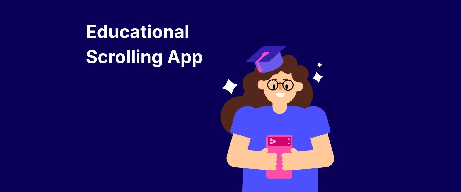 Illustrated woman with graduation cap holding smartphone for educational scrolling app on dark blue background