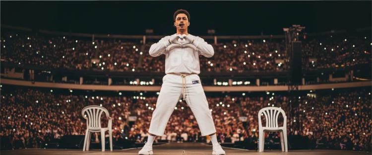Bad Bunny performing on stage in white outfit making heart gesture to crowd at packed stadium during Super Bowl halftime show